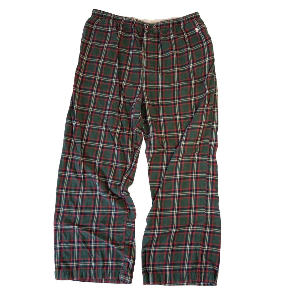 Polo Ralph Lauren Pajama Pants Mens Green Red Plaid Pockets White Pony Size XL